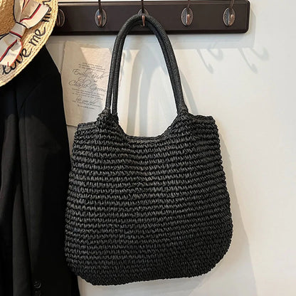 Women Straw Bag Tote Handbag Large Capacity Vintage Shoulder Bag Solid Color Simple Weaving Handbag Ladies Summer Daily Bag