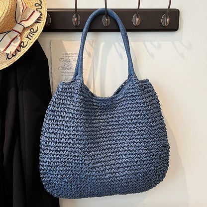 Women Straw Bag Tote Handbag Large Capacity Vintage Shoulder Bag Solid Color Simple Weaving Handbag Ladies Summer Daily Bag