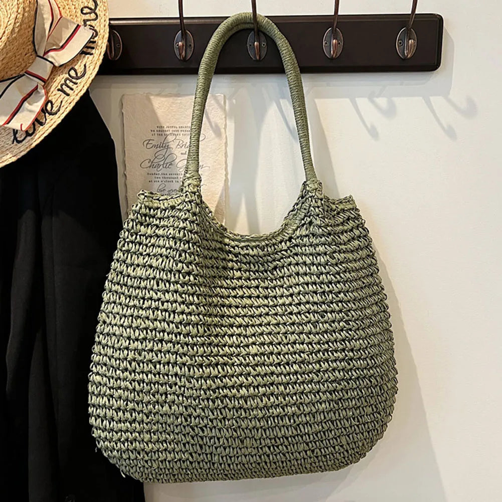 Women Straw Bag Tote Handbag Large Capacity Vintage Shoulder Bag Solid Color Simple Weaving Handbag Ladies Summer Daily Bag