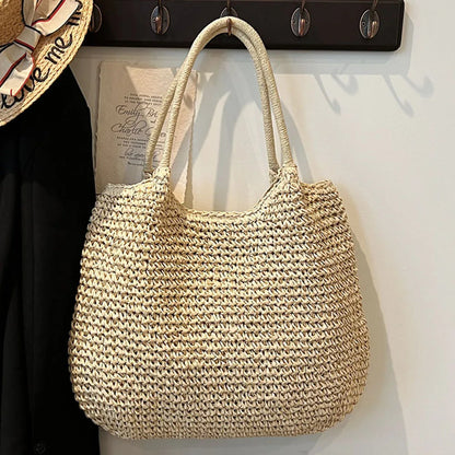 Women Straw Bag Tote Handbag Large Capacity Vintage Shoulder Bag Solid Color Simple Weaving Handbag Ladies Summer Daily Bag