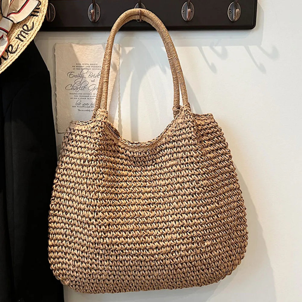 Women Straw Bag Tote Handbag Large Capacity Vintage Shoulder Bag Solid Color Simple Weaving Handbag Ladies Summer Daily Bag