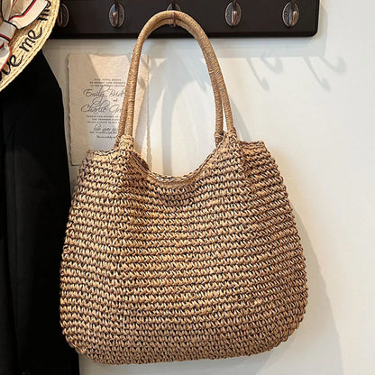 Women Straw Bag Tote Handbag Large Capacity Vintage Shoulder Bag Solid Color Simple Weaving Handbag Ladies Summer Daily Bag