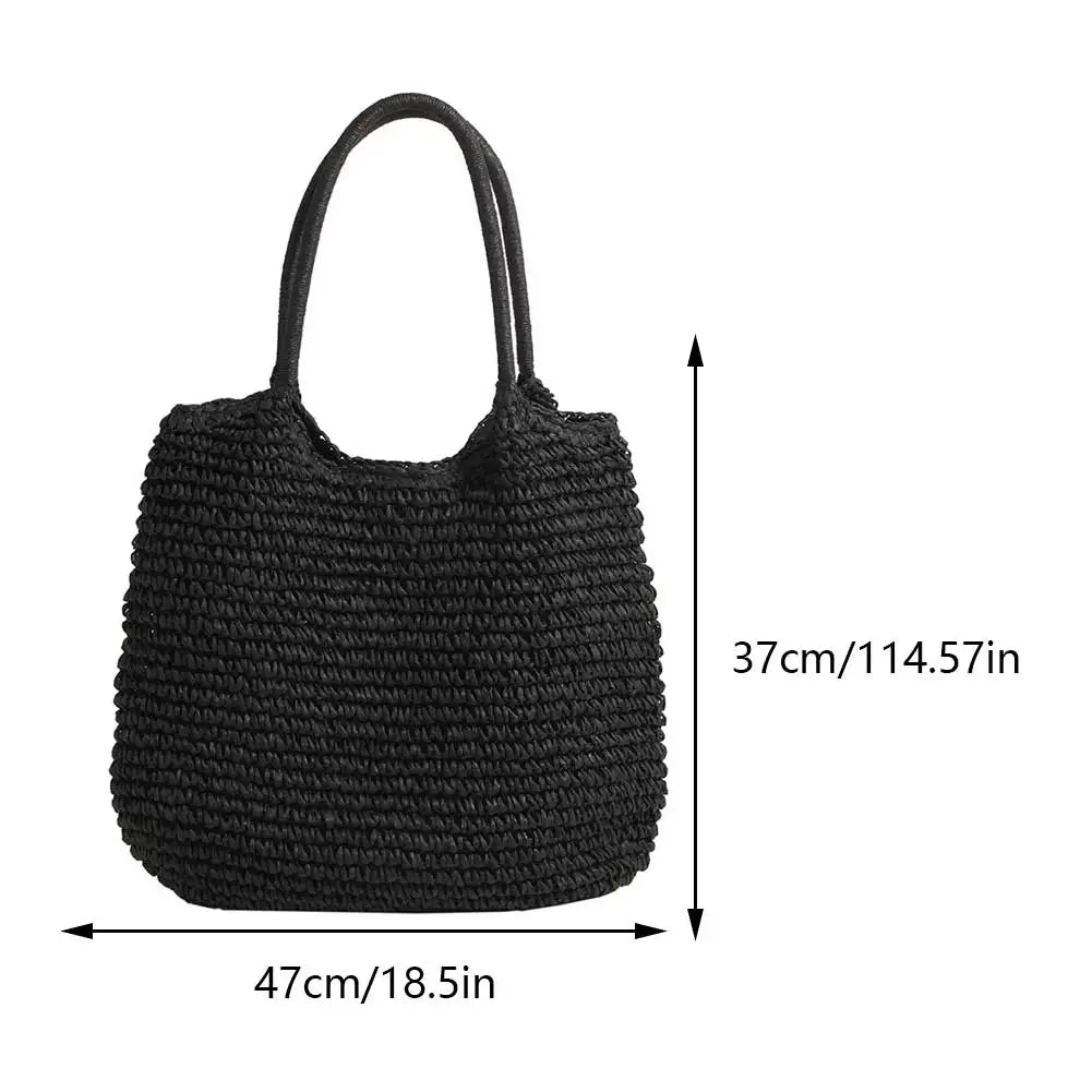 Women Straw Bag Tote Handbag Large Capacity Vintage Shoulder Bag Solid Color Simple Weaving Handbag Ladies Summer Daily Bag