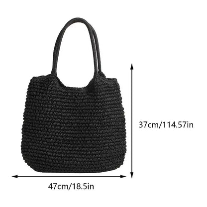 Women Straw Bag Tote Handbag Large Capacity Vintage Shoulder Bag Solid Color Simple Weaving Handbag Ladies Summer Daily Bag